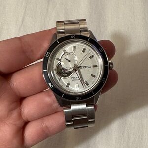 Seiko Presage Silver Dial Watch with Black Bezel